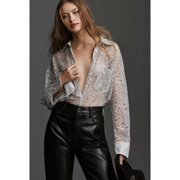 Anthropologie Metallic Lace Button Down Shirt Light Gray Silver X-Small - Picture 1 of 11